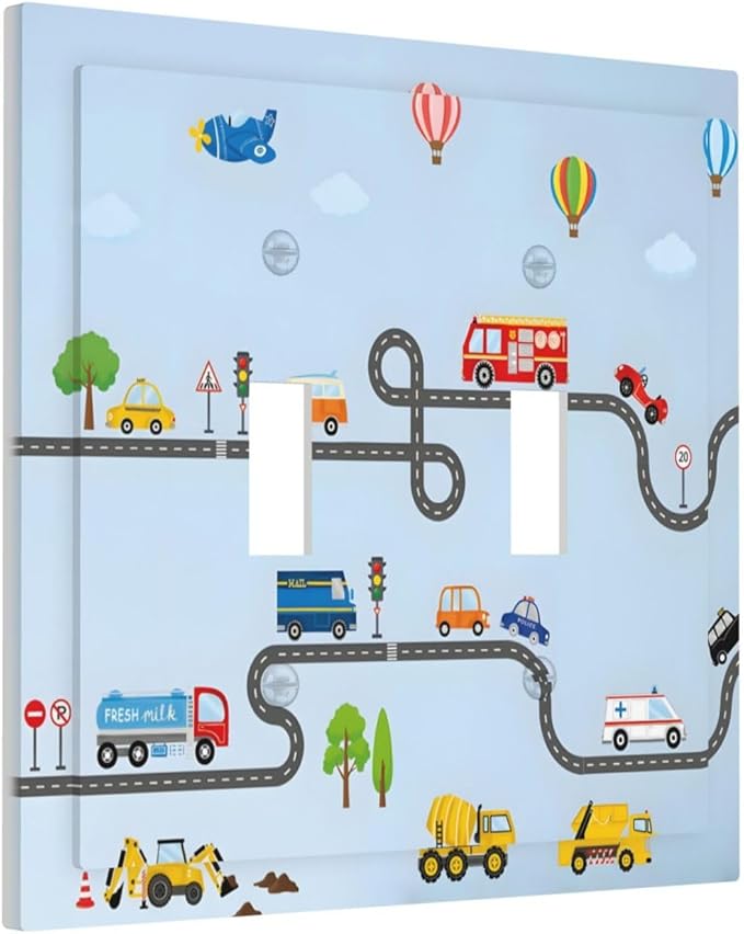 Road Construction Car Truck Hot Air Balloon Decorative Switch Plates 2 Gang Double Toggle Outlet Light Switch Cover Wall Plate Electrical Faceplate for Nursery Kids Room Decor