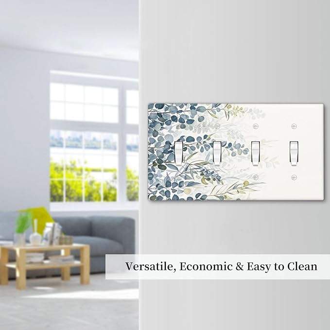 Decorative Switch Plate Cover with Green & Blue Watercolor Eucalyptus Botanical Foliage Design 4 Gang Artistic Wall Plate Unique Quad Toggle Light Switch Covers for Contemporary Living Room