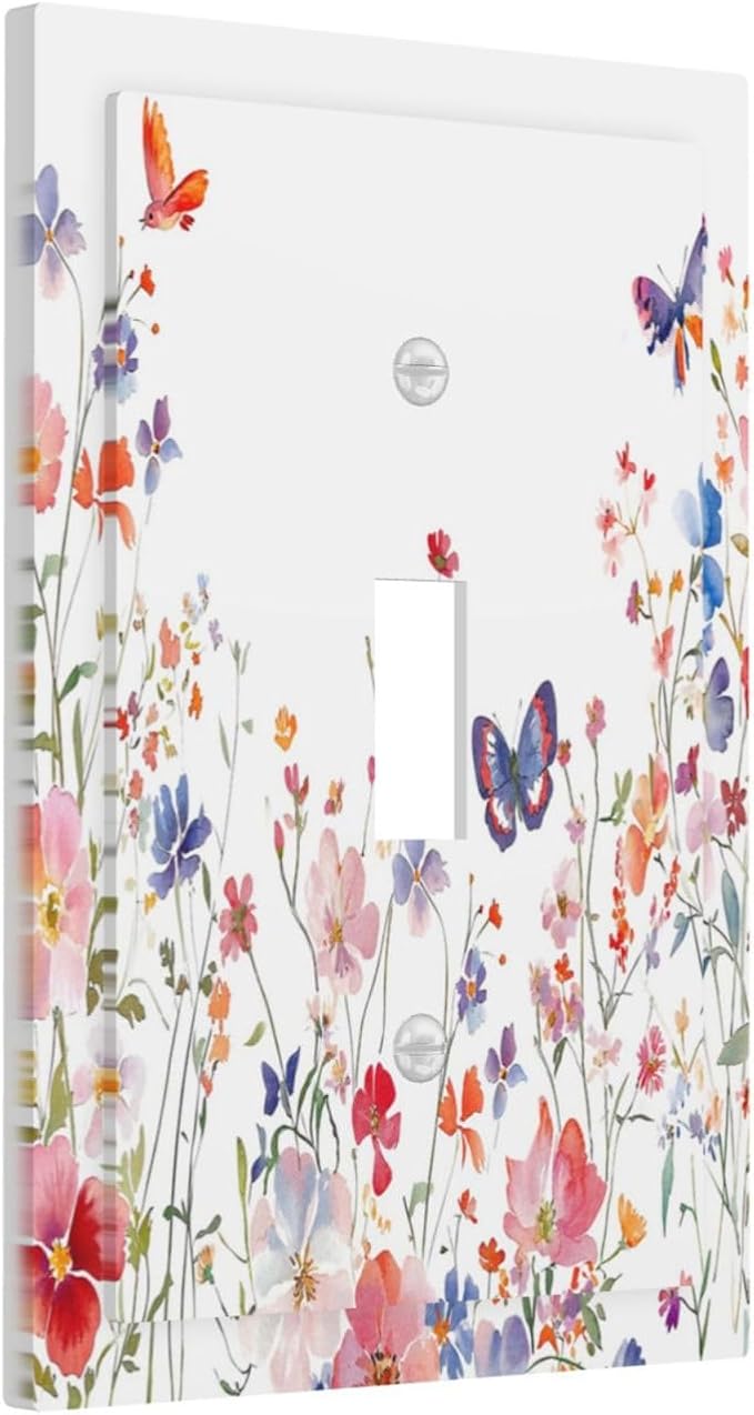 Colorful Flower Watercolor Floral Butterfly Bird Decorative Light Switch Cover 1 Gang Single Toggle Device Electrical Faceplate Switchplates Decorator Outlet Wall Plate for Bedroom Living Room Decor