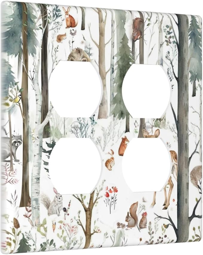 Snow Bear Fox Deer Forest Squirrel Wild Life Animal Outlet Covers 2 Gang Double Duplex Decorative Light Switch Covers Electrical Wallplates Socket Faceplate for Farmhouse Kids Room Decor