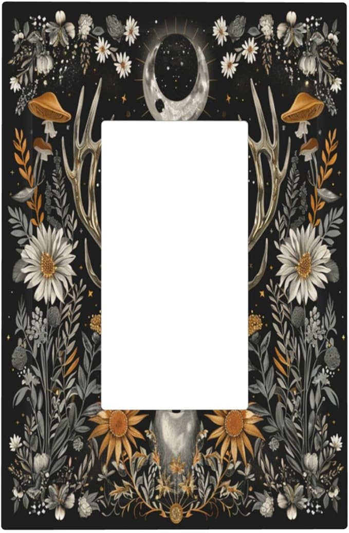 Light Switch Cover Plate Vintage Deer Flowers Moon Natural Plants Floral 1 Gang Outlet Covers Single Rocker Decorative Switch plates Electrical Wall Plates GFCI Receptacle for Bathroom Bedroom