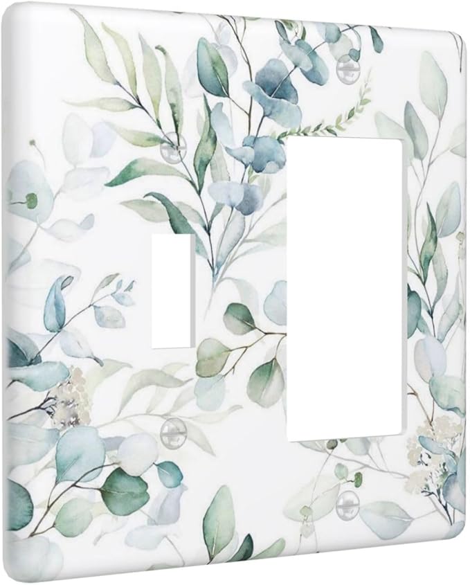 Watercolor Green Eucalyptus Saga Boho Leaves Decorative Single Toggle/Rocker Combo Light Switch Cover 2-Gang Electrical Wall Plate Botanical Double Combination Switch Decorator GFCI Receptacle Cover