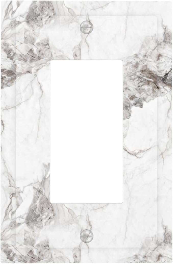 White And Gray Marble Patterns Texture Abstract Print Decorative Outlet Covers 1 Gang Single Rocker Light Switch Cover Plate Wall Plates GFCI Faceplate for Bathroom Kitchen Decor