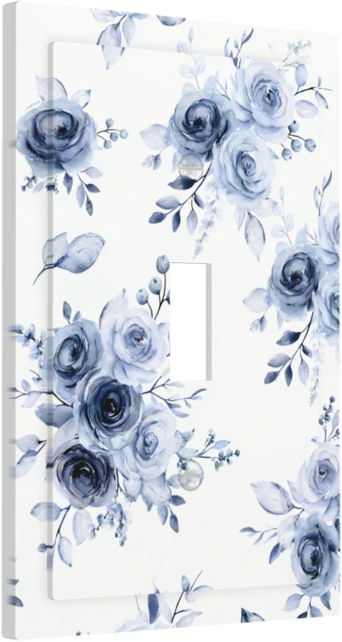 Watercolor Blue Roses 1-Gang Toggle Light Switch Plate, Serene Floral French Country Vintage Bouquet Decorative Wall Plate for Farmhouse Homes