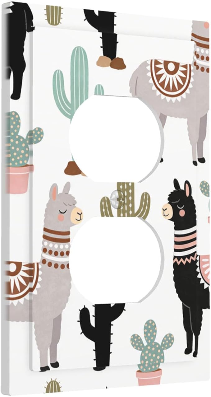 Playful Llama & Cactus Desert Pattern Duplex Wall Plate - 1-Gang Standard US Size Bohemian Desert Animals Outlet Covers for Boys & Girls Room Playroom Decor