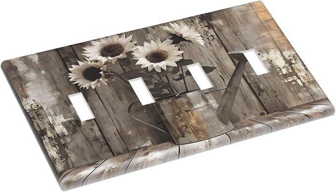 Rustic Floral Country Sunflower Daisy Old Wooden Boards Light Switch Covers Quad Toggle Electrical Faceplate 4 Gang Wall Plate Decorative Switch Plates Cover for Farmhouse Home Decor