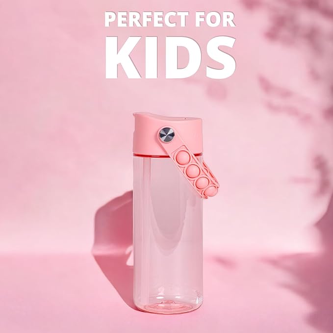 Elemental Water Bottles for Kids - Splash Kids Water Bottle for School with Pop-it Handle - BPA Free Tritan Plastic Water Bottle with Straw Leak Proof when Spout is Closed - Pink- 18oz