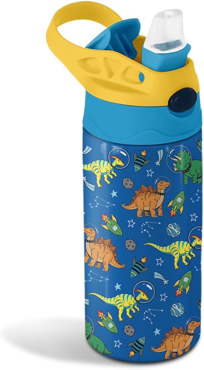 12oz Dinosaur Astronaut Kids Water Bottle, Space Dino Water Bottle for School, Kids Insulated Bottles with Straw & Handle, Leak-Proof, BPA-free, Straw Lid, Stainless Steel for Travel Gift Cup for Boy