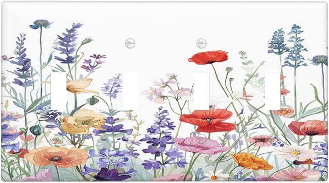 Colorful Floral Purple Lavender Flower Leaves Plants Light Switch Covers Quad Toggle Electrical Faceplate 4 Gang Wall Plate Decorative Switch Plates for Bed Room Living Room Decor