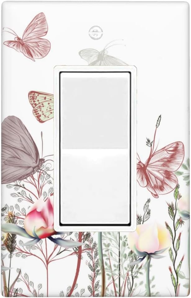 Wildflower Butterfly 1-Gang Rocker Wall Plate, Pink Floral Vintage Switch Plate for Home, Living Room, Bedroom & Sunroom