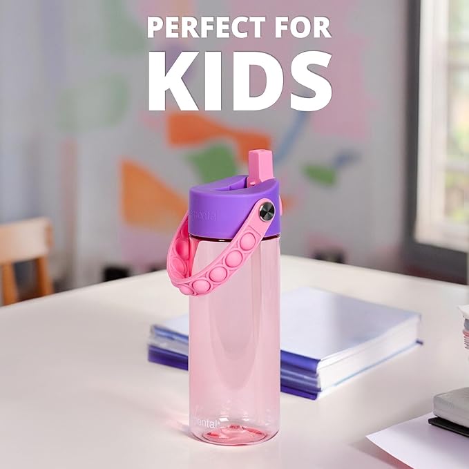 Elemental Leak Proof Water Bottles for Kids - Splash Kids Water Bottle for School with Pop-it Handle - Tritan Plastic Water Bottle with Straw - Unicorn & Rose - 18oz (2 Pack)