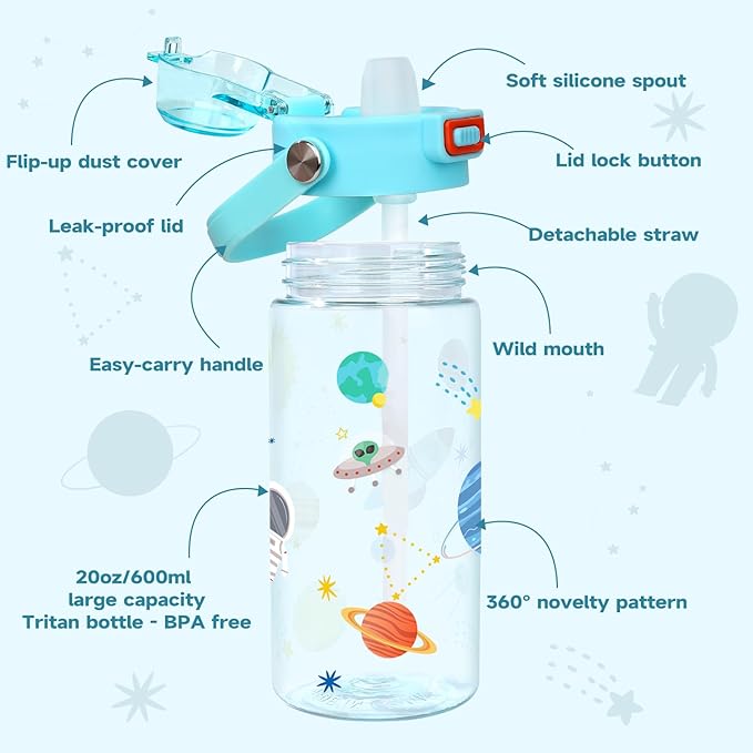 Queenshin Kids Space Water Bottle 20oz BPA Free Tritan Boys Girls School Outdoor Sports Leak Proof Water Cup with Straw Lid Handle Pop-Up Spout Cover