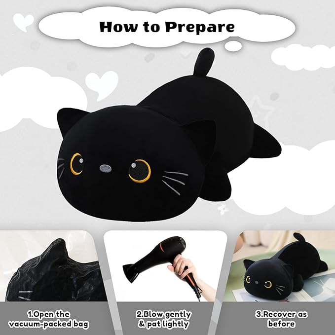 Finebee Weighted Black Cat Stuffed Animals, Cute Weighted Black Cat Plush, Soft Stuffed Weighted Plushie Pillow Gifts for Girls Boys(13.8" 1.6Lbs)