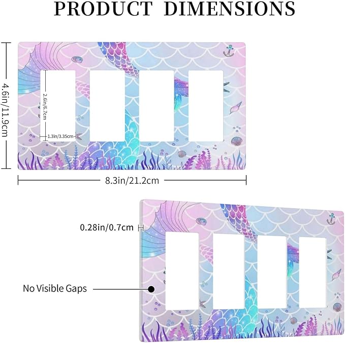 Cartoon Pink Girl Mermaid Scales Tail 4 Gang Quad Rocker/GFCI/Decorator Light Switch Cover Plate Decorative Electric Faceplate Decorative Switchplate Screwless