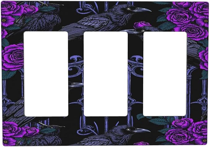 Light Switch Covers Gothic Style Crow Purple Flowers 3 Gang Rocker Electrical GFCI Decorative Triple Outlet Wall Plate Cover Switchplate for Bedroom living Room Decor