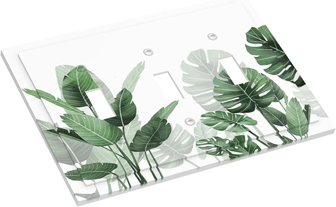 Decorative Switch Plates Boho Tropical Plant Natural Palm Leaf 3 Gang Wall Plate Triple Toggle Light Switch Cover Faceplate Electrical Wall Panels For Bed Room Living Room Decor