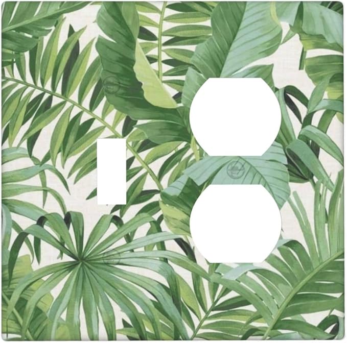 Green Tropical Palm Tree Leaf Decorative Outlet Covers 2 Gang Combination 1-Toggle 1- Duplex Light Switch Covers Summer Vibrant Vivid Leaves Electrical Two Device Single Toggle/Duplex Combo Wall Plate