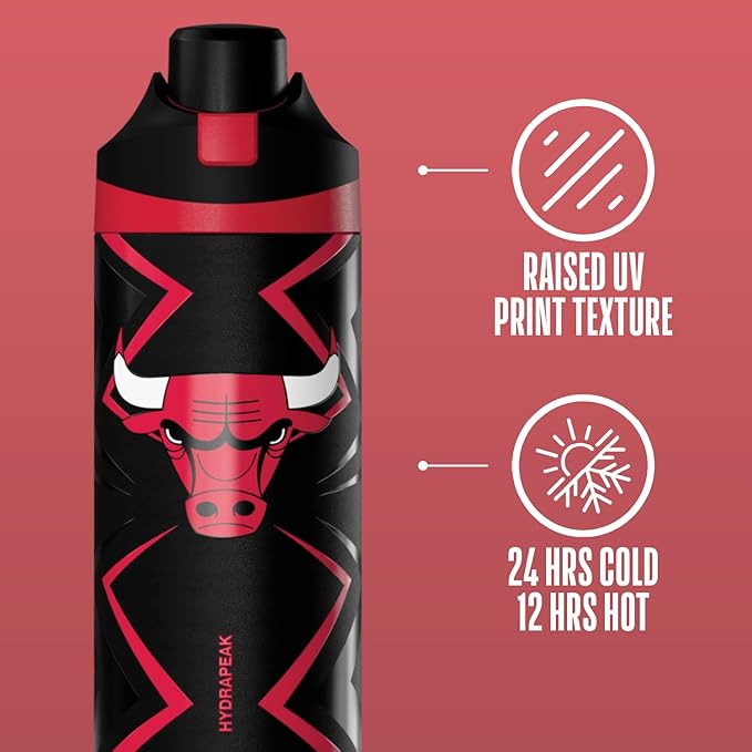 Hydrapeak x NBA Officially Licensed Chicago Bulls Oasis 20 oz Insulated Kids Water Bottle, Stainless Steel Water Bottle Kids with Chug Lid, Push Button
