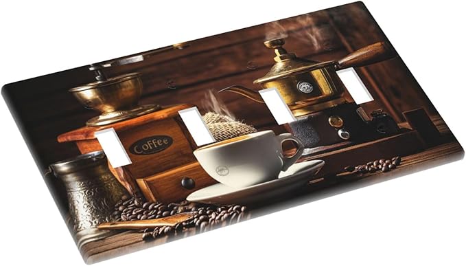 Decorative Switch Plate Cover with Vintage Coffee Retro Grinder Artwork Design 4 Gang Artistic Wall Plate Unique Quad Toggle Light Switch Covers for Rustic Kitchen Decor