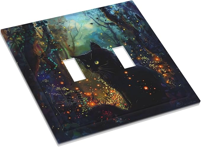 Light Switch Cover Plate Magic Fantasy Forest Mysterious Black Cat 2 Gang Double Toggle Decorative Switch Plates Wall Plates Electrical Faceplate for Kid Room Bathroom Decor