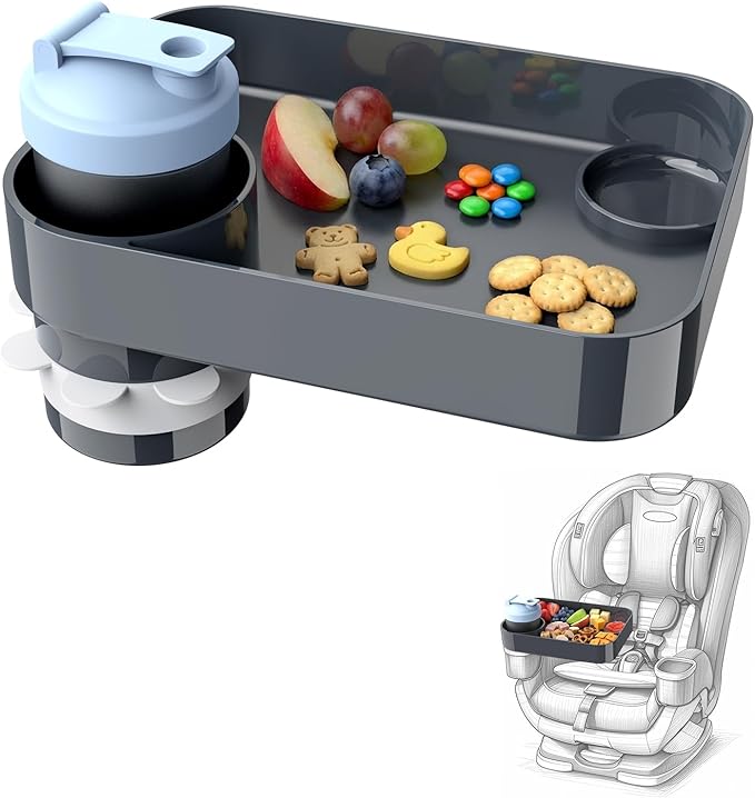Car Seat Snack Tray for Kids, Mess-Free Square Travel Tray Cup Holder Snack Tray, Durable Car Food Tray for Toddlers, Universal Fit Kids Travel Road Trip Essentials (Dark Gray)