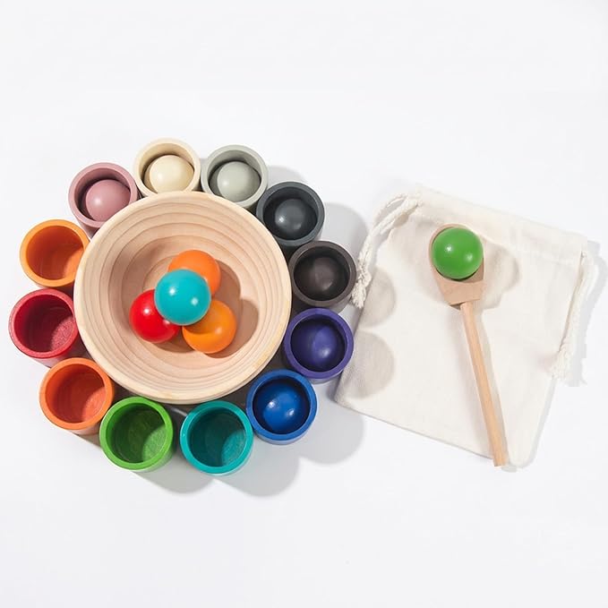 Rainbow Balls in Cups Toddler Montessori Toys for 3 Year Old Up, Kids Preschool Wooden Matching Games for Learning Color Sorting and Counting
