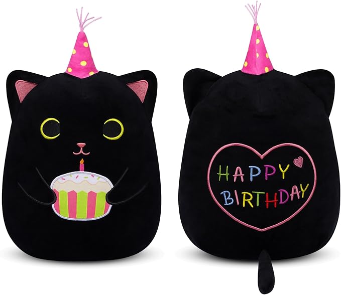 Cat Plush Birthday Gift for Kids Adults, 14inch Black Cat Plush Pillow Cute Stuffed Animal, Kawaii Plushie Cuddle Pillow Birthday Gift for Kids Boys Girls