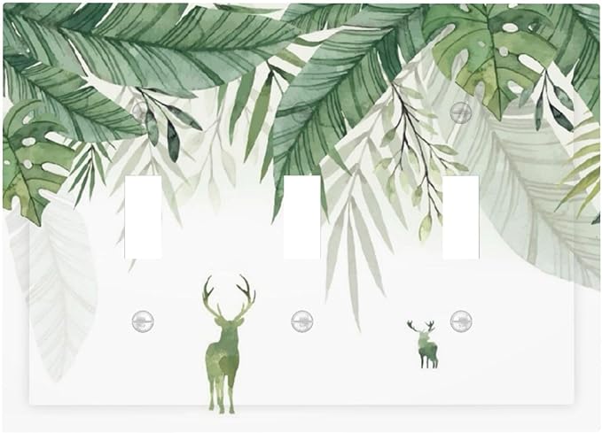 Deer Banana Leaves Palm Trees Green Plants Decorative Switch Plates 3 Gang Wall Plate Triple Toggle Light Switch Cover Faceplate Electrical Wall Panels for Bed Room Living Room Decor