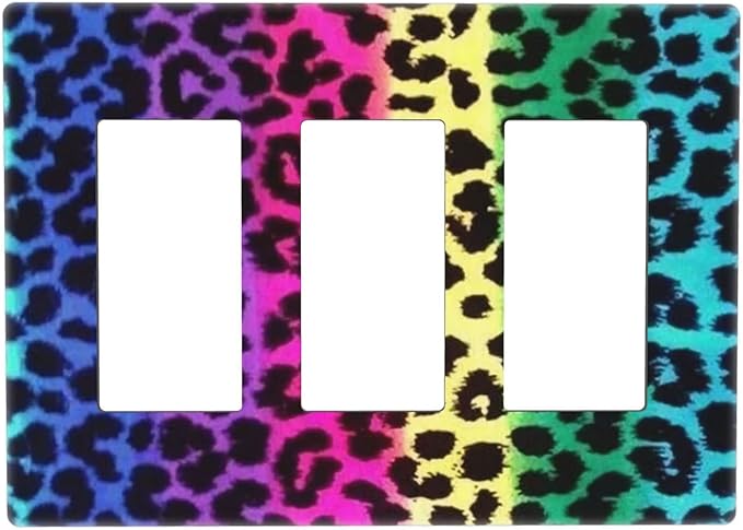 Rainbow Colorful Leopard 3 Gang Triple Rocker/Decor Light Switch Wall Plate Cover Decorative Electrical Faceplate For Girls Boys Home Bedroom Decorate Large Size 6.57" x 4.65
