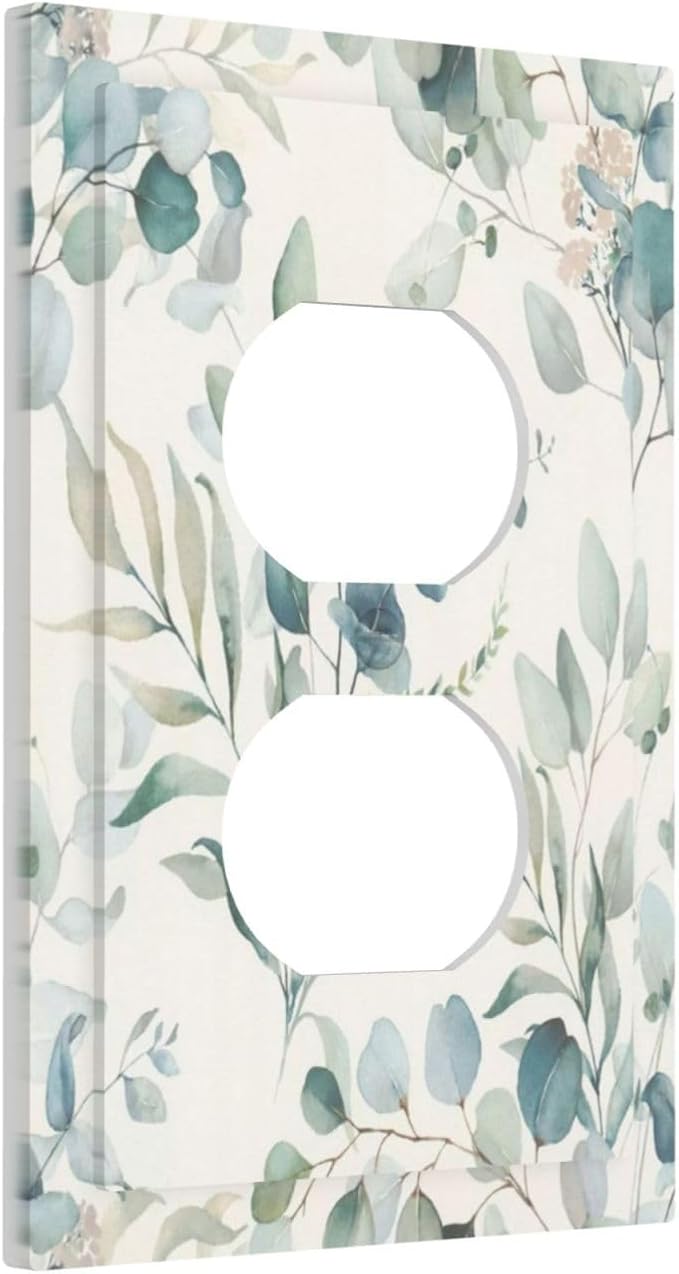 Boho Green White Eucalyptus Leaf Floral Outlet Covers 1 Gang Duplex Light Switch Cover Decorative Switch Plates Electrical Receptacle Faceplate Wall Plate for Farmhouse Living Room Decor