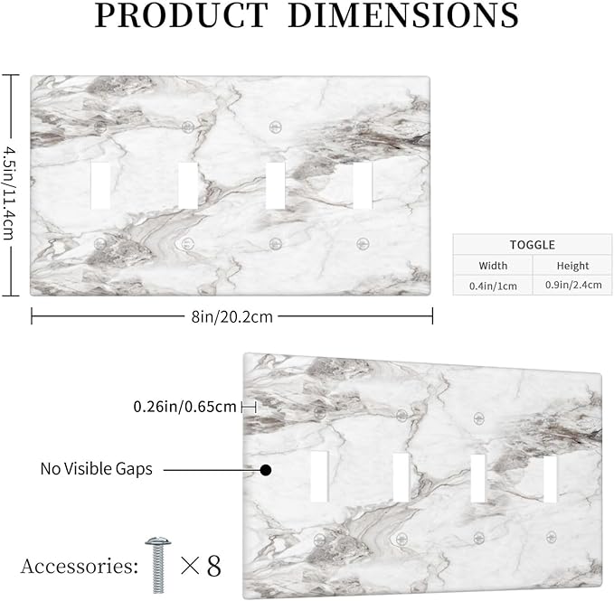 White And Gray Marble Patterns Texture Abstract Print Light Switch Covers Quad Toggle Electrical Faceplate 4 Gang Wall Plate Decorative Switch Plates Cover for Bathroom Kitchen Decor