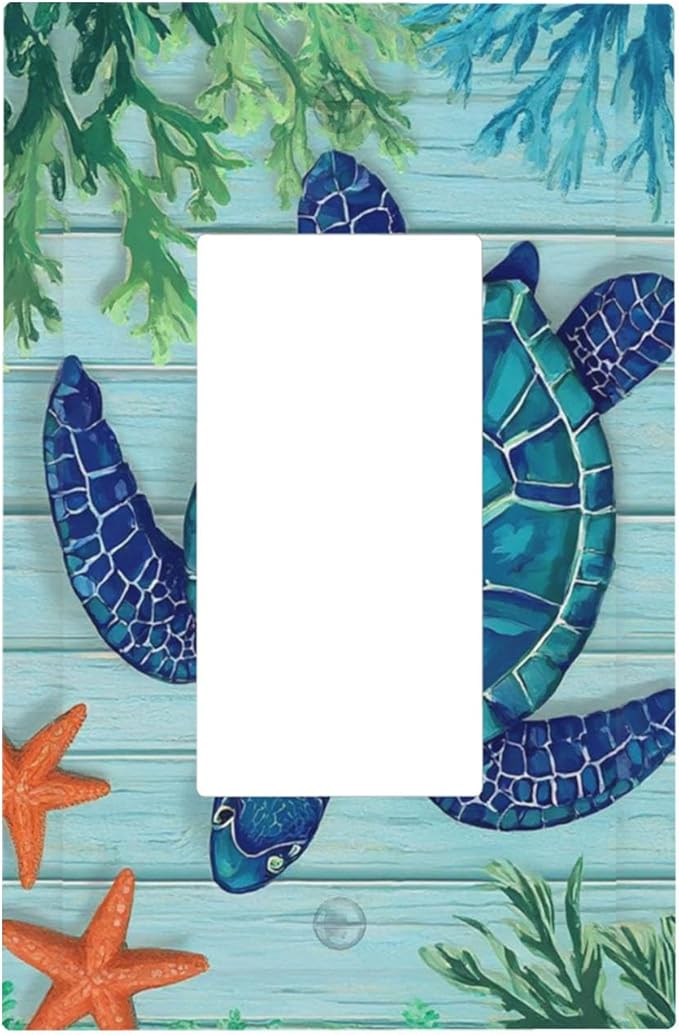 Coastal Sea Turtle Single Rocker Switch Cover - 1-Gang Standard US Size Mosaic Starfish Light Switch Covers, Nautical Ocean Theme for Coastal Homes