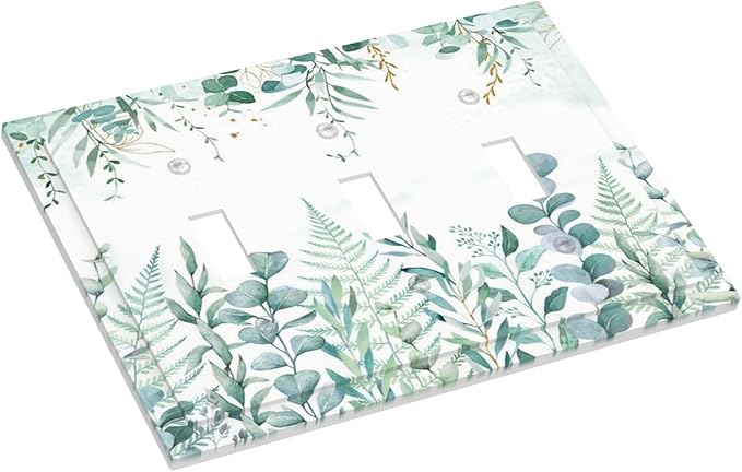 Boho Green Eucalyptus Leaf Floral Sage Flower Decorative Switch Plates 3 Gang Wall Plate Triple Toggle Light Switch Cover Faceplate Electrical Wall Panels for Bedroom Living Room Decor