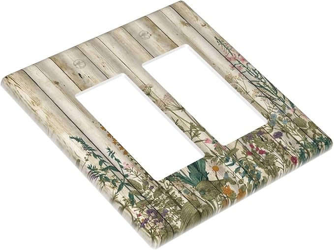 Vintage Wild Flowers Botanical Green Leaves Plants 2 Gang Rocker Decora Light Switch Covers Decorative Rustic Wood Plank Dual Outlet Covers Wall Plate Electrical Faceplate Switchplate GFCI