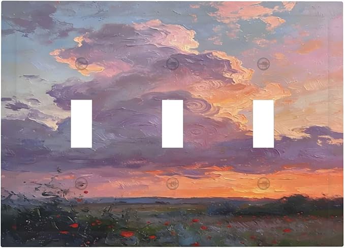 Abstract Sunset Dusk Natural Scenery Wild Flowers Decorative Switch Plates 3 Gang Wall Plate Triple Toggle Light Switch Cover Faceplate Electrical Wall Panels for Farmhouse Bedroom Decor