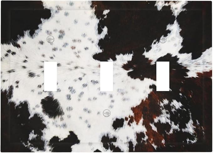 Western Black White Brown Cow Decorative 3 Gang Triple Toggle Light Switch Cover Highland Cowhide Wild Animal Fur Skin Spots Cheetah Leopard Print Wall Plate Electrical Three Device Switch Face Plate