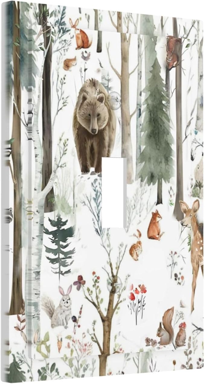 Snow Bear Fox Deer Forest Squirrel Wild Life Animal Decorative Light Switch Cover 1 Gang Single Toggle Device Electrical Faceplate Switchplates Decorator Outlet Wall Plate for Farmhouse Kids Room