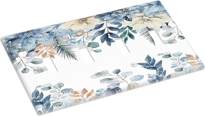 Blue Vine Snowflake Plants Leaves Floral Flowers Light Switch Covers Quad Toggle Electrical Faceplate 4 Gang Wall Plate Decorative Switch Plates for Bedroom Living Room Decor