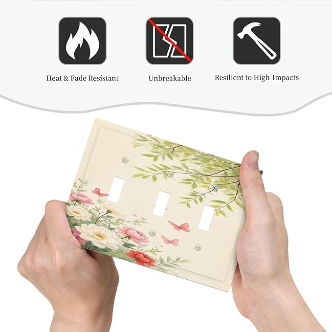Decorative Switch Plates Garden Flowers Green Leaves And Butterflies 3 Gang Wall Plate Faceplate Triple Toggle Light Switch Cover Electrical Wall Panels for Bedroom Cabin Decor