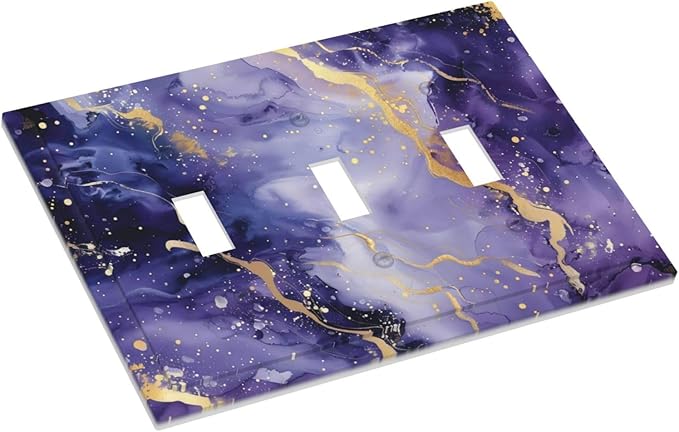 Decorative Light Switch Plate Covers Modernity Abstract Purple Golden Marble 3 Gang Wall Plate Switch Cover Plate Triple Toggle Jumbo Electrical Faceplate for Bathroom Kitchen Decor