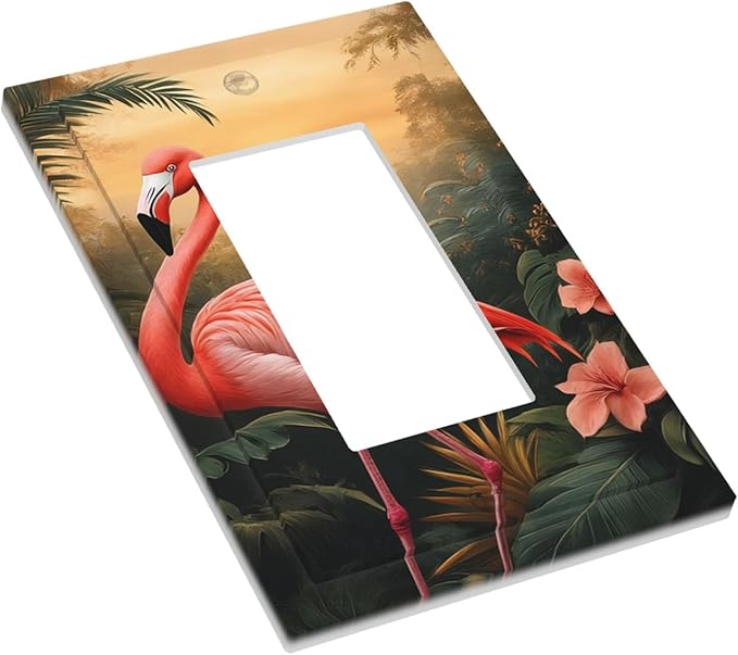 Tropical Flamingo Jungle Paradise Single Rocker Switch Cover - 1-Gang Standard US Size Exotic Jungle Escape Light Switch Covers for Bathroom Decor