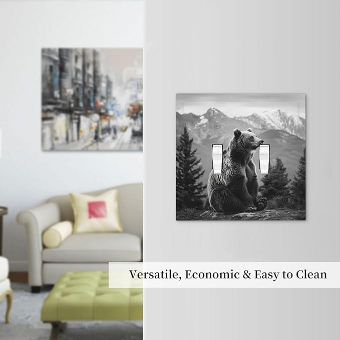 Light Switch Cover Plate Black White Bear Mountain Pine Trees Wilderness 2 Gang Double Toggle Decorative Switch Plates Wall Plates Electrical Faceplate for Bathroom Bedroom Decor