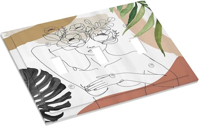 Mid Century Abstract Women Lady Boho Palm Leaf 3 Gang Light Switch Covers Decorative Unique Triple Toggle Wall Plate Electrical Faceplate Switchplate for Kitchen Bathroom Bedroom Home Decor