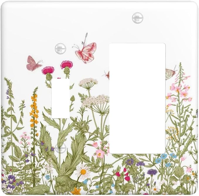 Colorful Butterfly Floral Plants Flower Vine Outlet Covers 1 Toggle 1 Rocker Combination Decorative Wall Plate Electrical Switch Plates Light Switch Cover Plate for Bed Room Living Room Decor