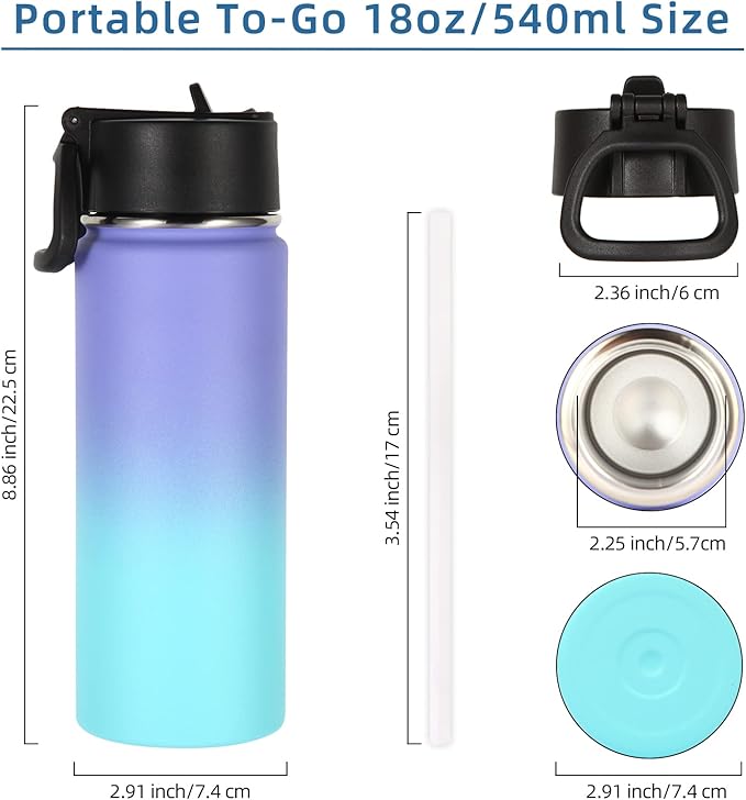 Volhoply 18oz Insulated Water Bottle Bulk 2 Pack,Kids Stainless Steel Water Bottles with Straw Lid,Double Wall Vacuum Metal Cups,Wide Mouth Reusable Sports Flask For Cold Drink(Purple Blue,2 Set)