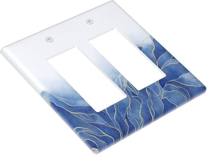 Decorative Outlet Covers Blue Gold Leaf Marble Modern Abstract 2 Gang Double Rocker Light Switch Cover Decorative Switch plates Electrical Wallplates GFCI Receptacle for Kitchen Bathroom Decor