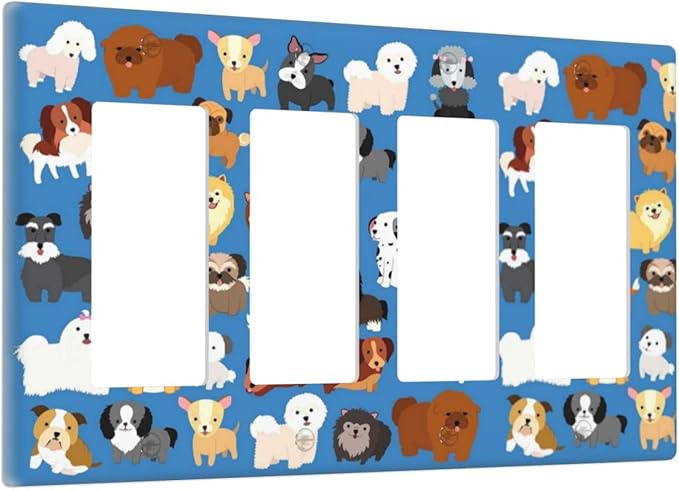 Cute Animal Dogs Puppy Decorative Outlet Cover Quad Rocker Light Switch Plate Cover Electricity Receptacles Plates For Home Kitchen Living Bedroom 8 * 4.5