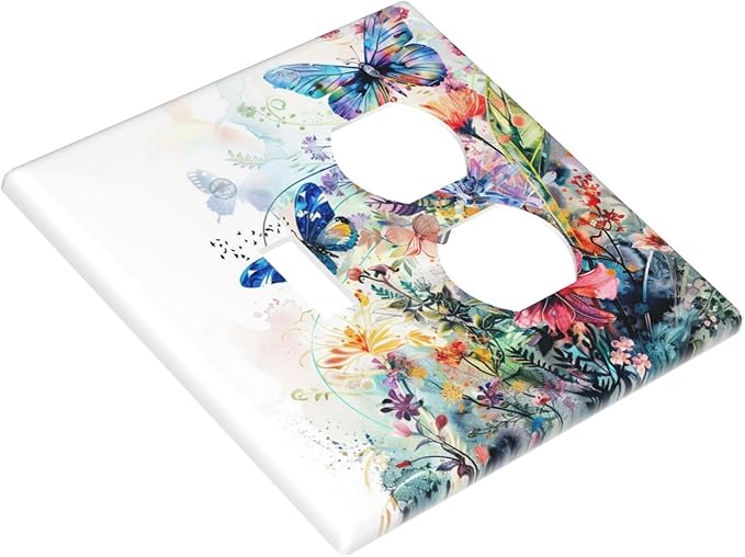Light Switch Cover Plate Watercolor Colorful Floral Butterflies Wildflowers 2 Gang Decorative Switch Plates 1 Toggle Duplex Combo Outlet Covers GFCI Wall Plates for Bathroom Bedroom Decor