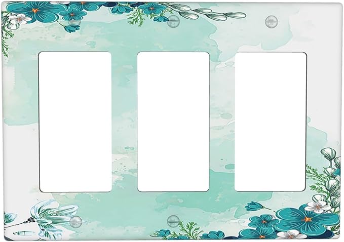 Light Switch Covers Blue Green Flowers Light Green Watercolor Patterns 3 Gang Rocker Electrical GFCI Decorative Triple Outlet Wall Plate Cover Switchplate for Bedroom Home Decor