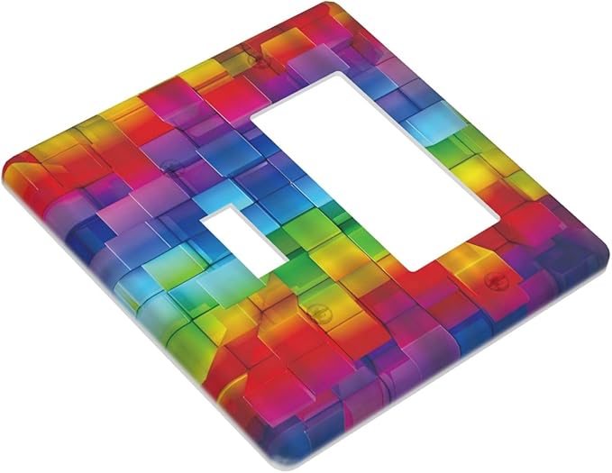 3D Colorful Rainbow Wall Abstract Squre Shaped 2 Gang Single Toggle Rocker Combination Light Switch Cover Unique Decorative Wall Plate Cover Electrical Faceplate Switchplate for Bedroom Decor
